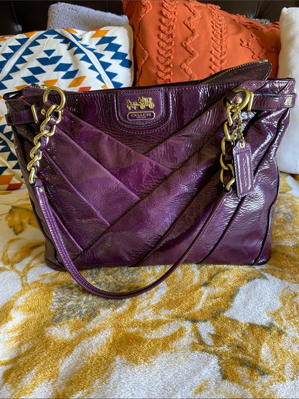 Coach Madison Plum Quilted Patent Leather Shoulder Bag with Gold Hardware